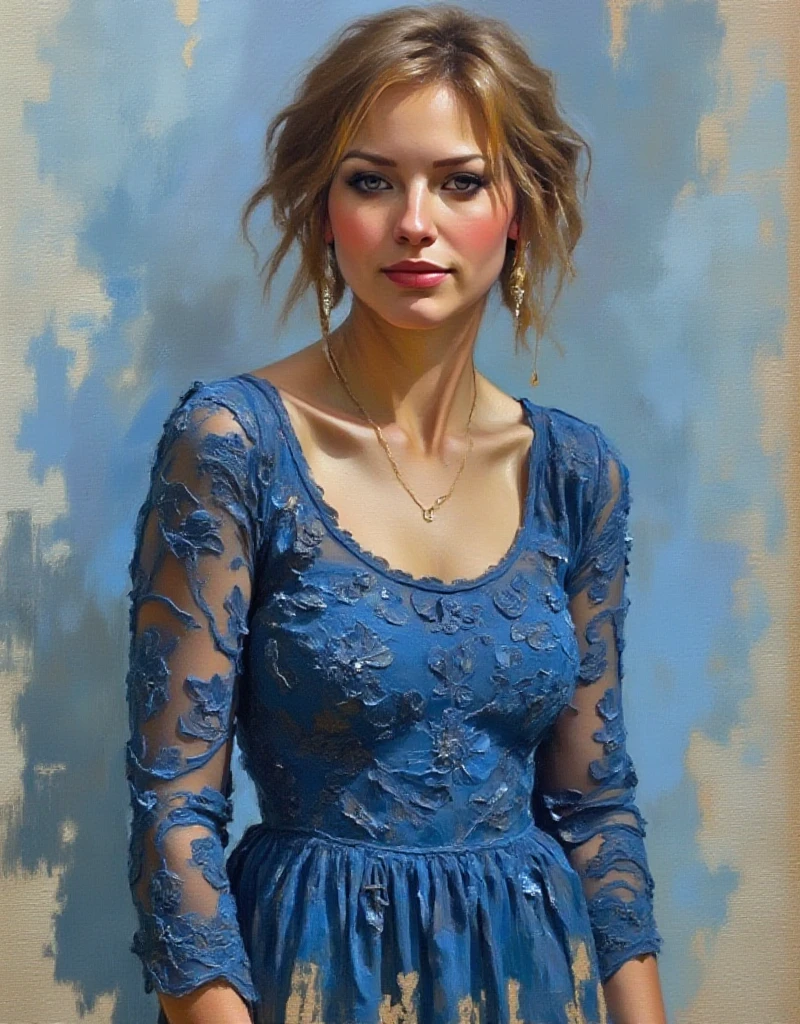 A dibrshstrk style painting, a woman wearing a blue dress