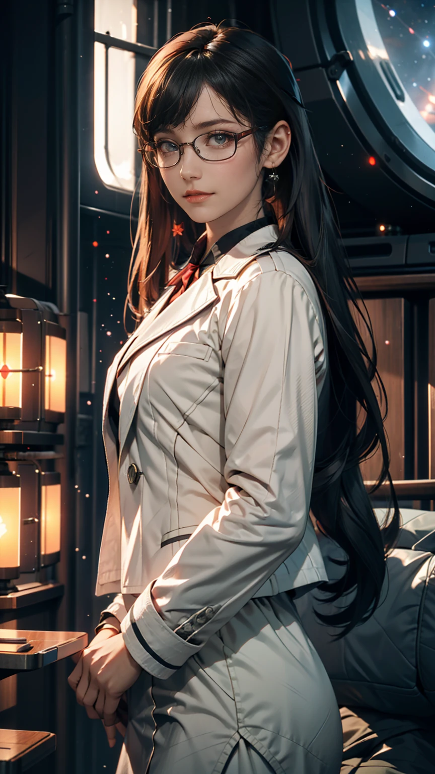  is high definition,woman,Small size, black hair, twin tail hairstyle ,Bang bang,Green Eyes, red glasses,In formal attire,uniform,White jacket, with a bleak expression,warship,ship aircraft carrier, Futuristic,  sci-fi , warplane, space, war