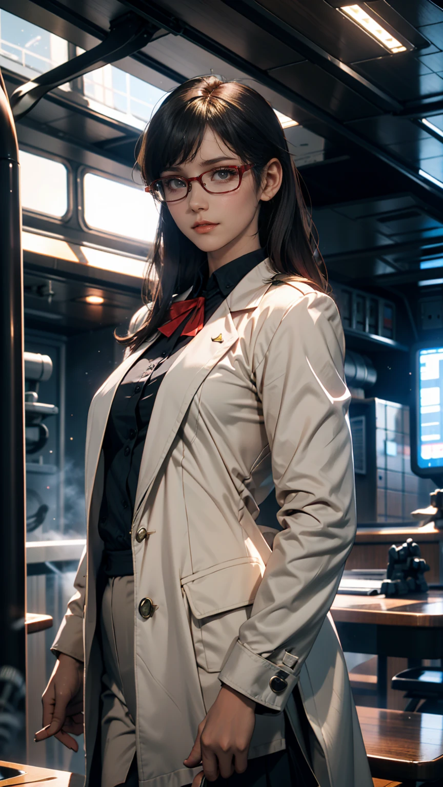  is high definition,woman,Small size, black hair, twin tail hairstyle ,Bang bang,Green Eyes, red glasses,In formal attire,uniform,White jacket, with a bleak expression,warship,ship aircraft carrier, Futuristic,  sci-fi , warplane, space, war