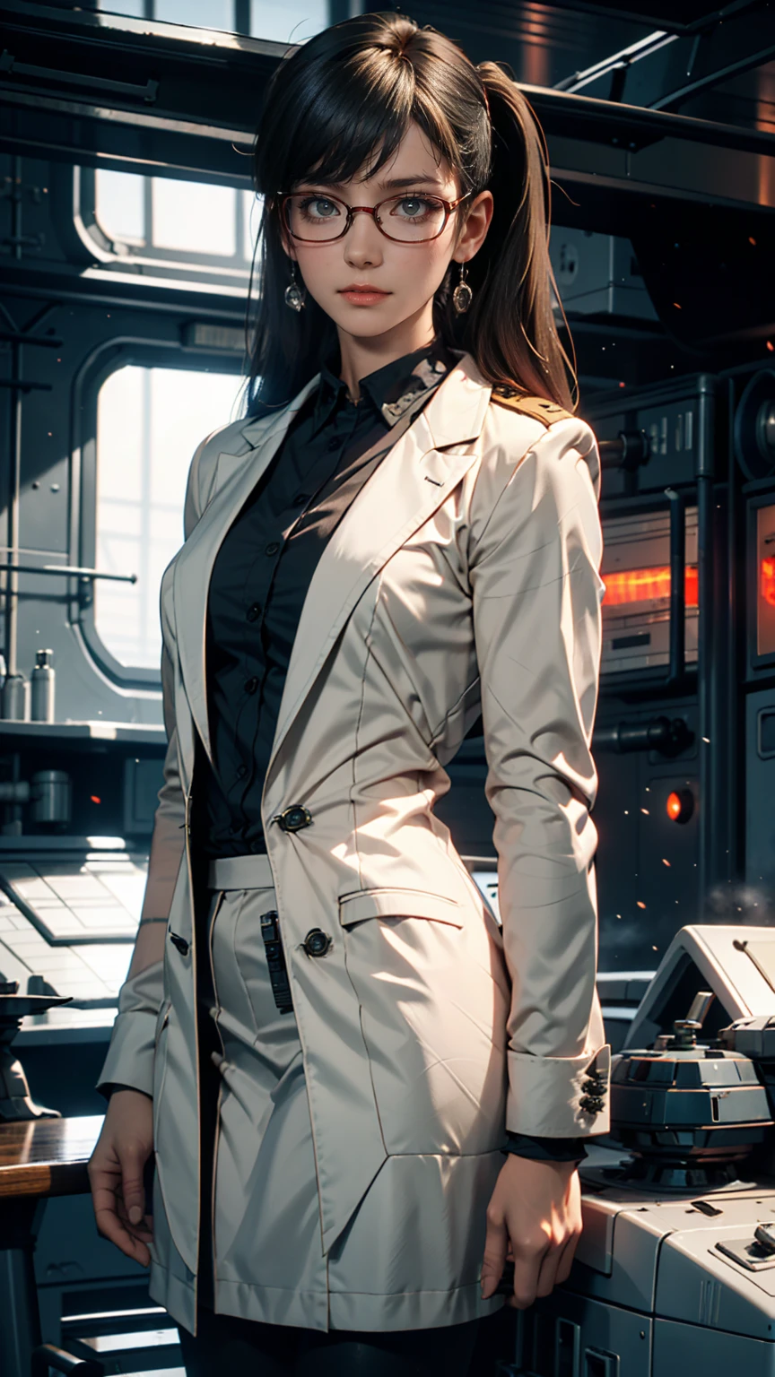  is high definition,woman,Small size, black hair, twin tail hairstyle ,Bang bang,Green Eyes, red glasses,In formal attire,uniform,White jacket, with a bleak expression,warship,ship aircraft carrier, Futuristic,  sci-fi , warplane, space, war