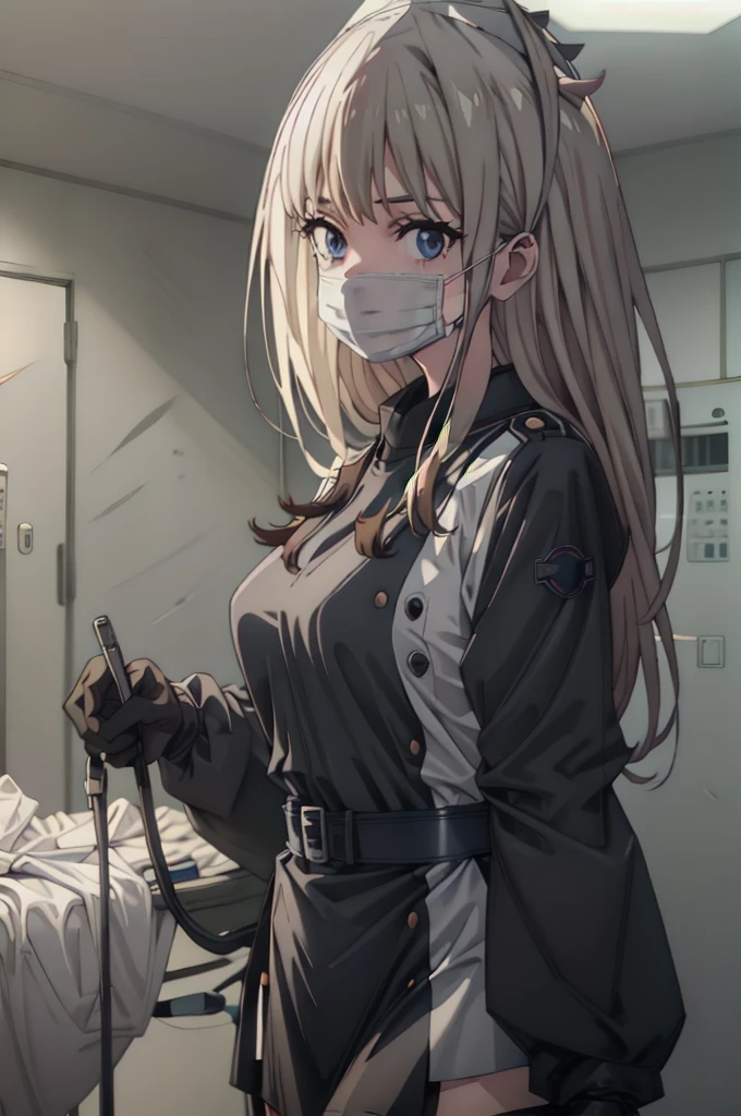 black nurse, 1woman, solo, black nurse cap, black wear, ((black legwear, zettai ryouiki)), black elbow gloves, blonde hair, blue eyes, ((black surgical mask, covered nose)), standing, ((surgery room)), sharp outline, short sleeves, mature female, 35 years old, best quality, masterpieceУши животных, Уши кошки, 