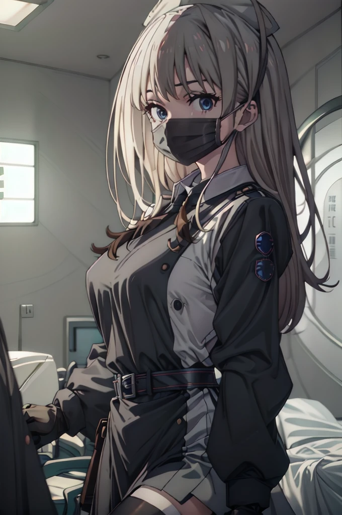 black nurse, 1woman, solo, black nurse cap, black wear, ((black legwear, zettai ryouiki)), black elbow gloves, blonde hair, blue eyes, ((black surgical mask, covered nose)), standing, ((surgery room)), sharp outline, short sleeves, mature female, 35 years old, best quality, masterpieceУши животных, Уши кошки, 