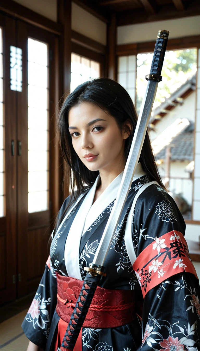 a beautiful samurai woman, detailed facial features, long black hair, intense gaze, katana sword, traditional japanese armor, serene expression, intricate patterns, dramatic lighting, cinematic composition, digital art, concept art, highly detailed, photorealistic, 8k, masterpiece