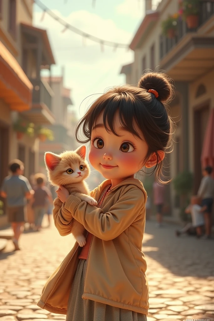 Ayesha Excited About the Festival:"Ayesha, with a bright smile, running to her kitten, Moti, to share the exciting news about the village festival. Ayesha’s eyes are wide with excitement, and Moti is looking up at her with interest."