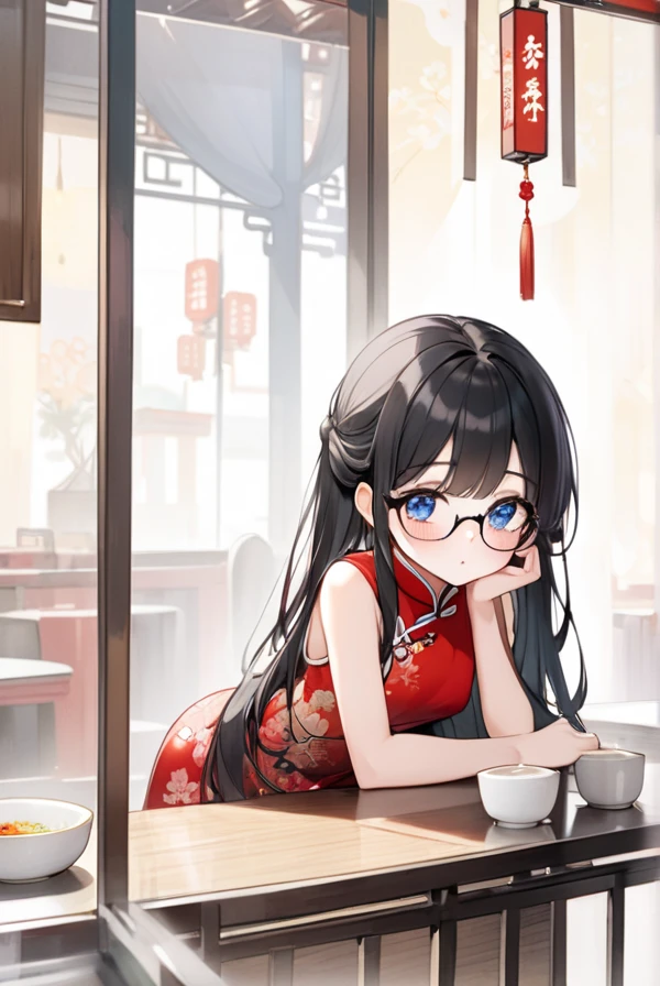 Black hair, long hair, glasses, beautiful eyes, cute, shy, Chinese dress, Chinese restaurant,