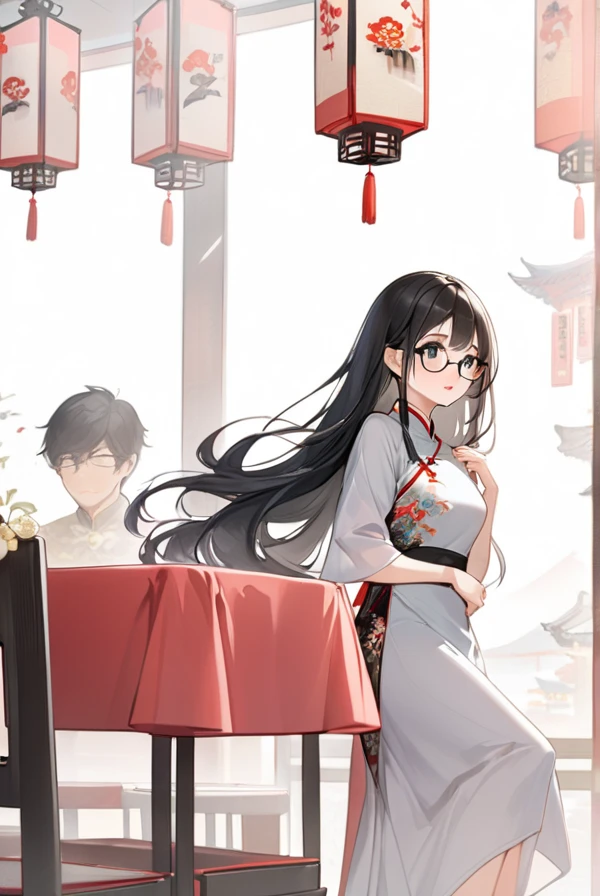 Black hair, long hair, glasses, beautiful eyes, cute, shy, Chinese dress, Chinese restaurant,