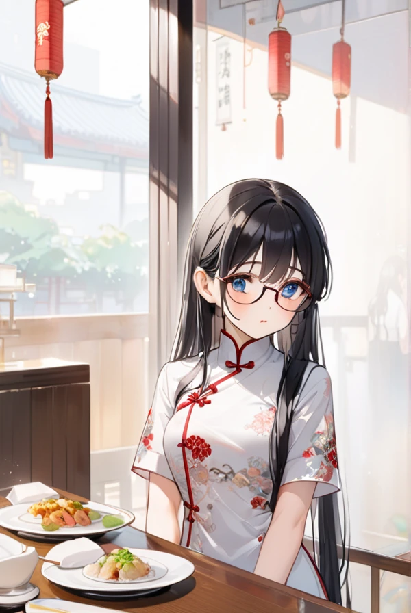 Black hair, long hair, glasses, beautiful eyes, cute, shy, Chinese dress, Chinese restaurant,