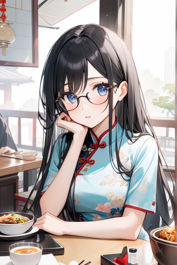 Black hair, long hair, glasses, beautiful eyes, cute, shy, Chinese dress, Chinese restaurant,