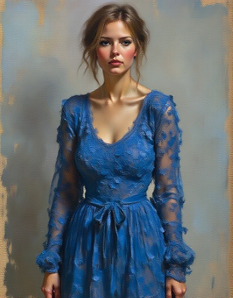 A dibrshstrk style painting, a woman wearing a blue dress