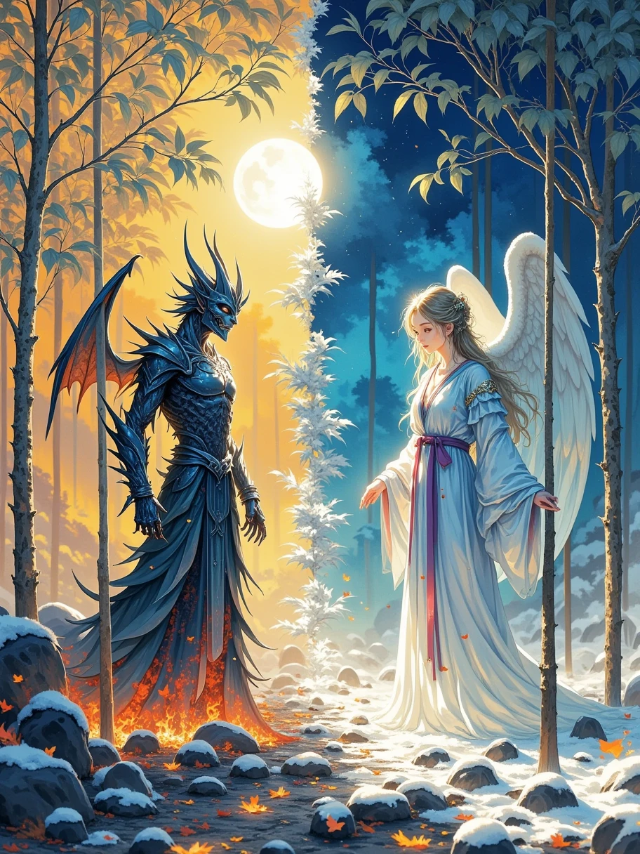 An amazing realistic digital painting showcasing a striking juxtaposition between a demon and an angel. On one side, a fierce demon with dark, menacing features, clad in jagged, infernal armor, standing in a fiery, chaotic landscape. On the other side, a serene angel with radiant, ethereal features, dressed in flowing, celestial robes, standing in a peaceful, heavenly realm. The two figures are divided by a clear, contrasting line, highlighting the stark differences between their worlds. The image is detailed with intricate linework and vibrant colors, creating a visually compelling and thought-provoking composition