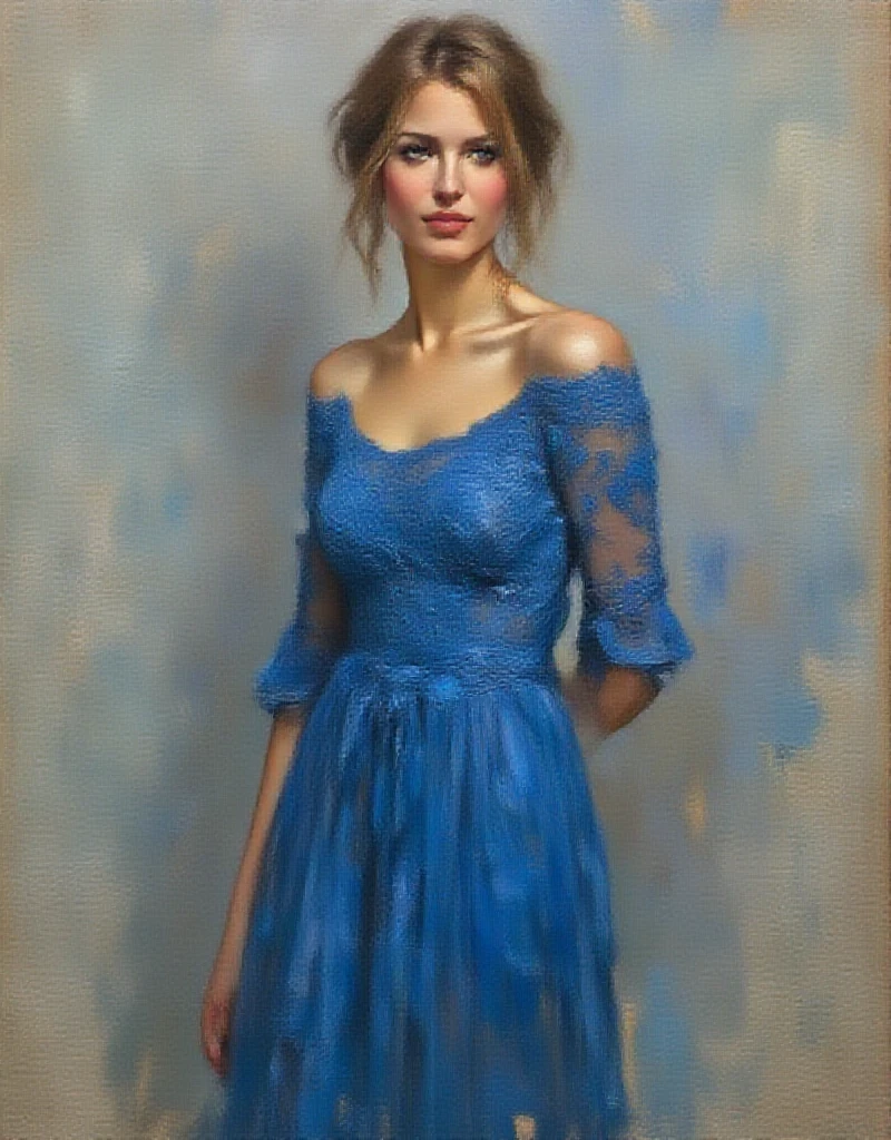 A dibrshstrk style painting, a woman wearing a blue dress