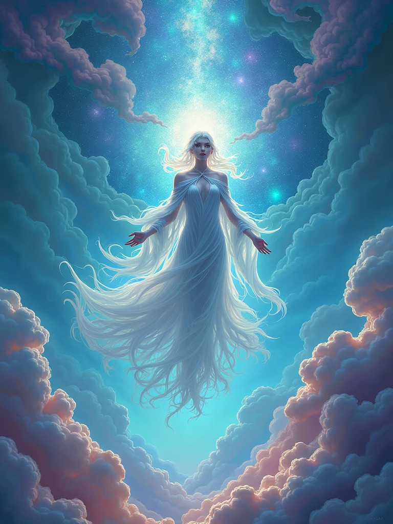 a being of light dressed in a white robe descending from the sky in a very bright flash of light
