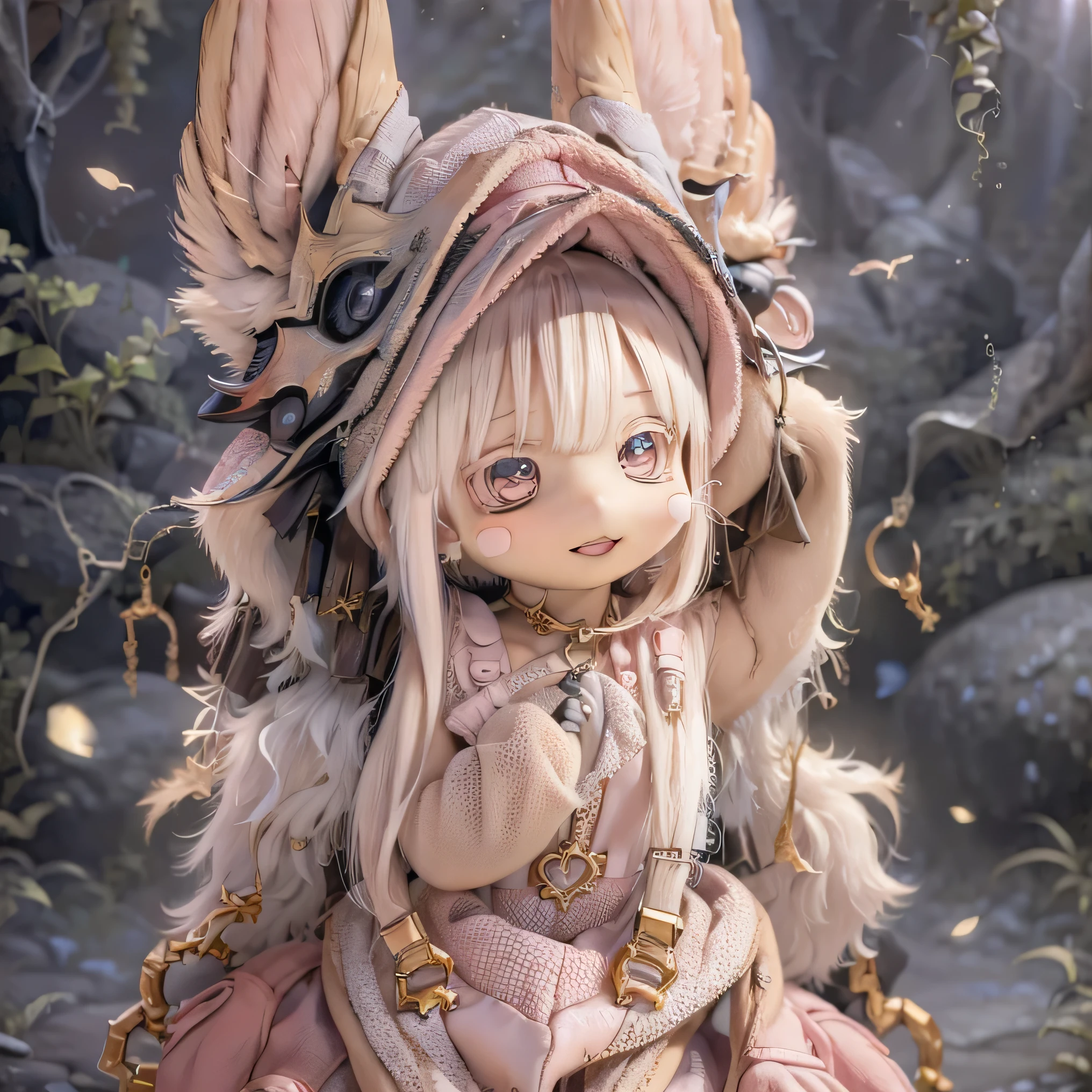 in the garden, smile,  photorealistic renderings similar to .        Similar to a forest setting     ,    it combines        ,  Beautiful eyes and lips .  (((chibi style,))) . The image quality is excellent,   Highly detailed and realistic features  . The medium of this work is、           I create an illustration  .. The colors are vivid、        illumination、  Made in Abyss with a warm and bright atmosphere、Use              。 whole body(((((        cute pink dress        )))))Contrasting cute poses