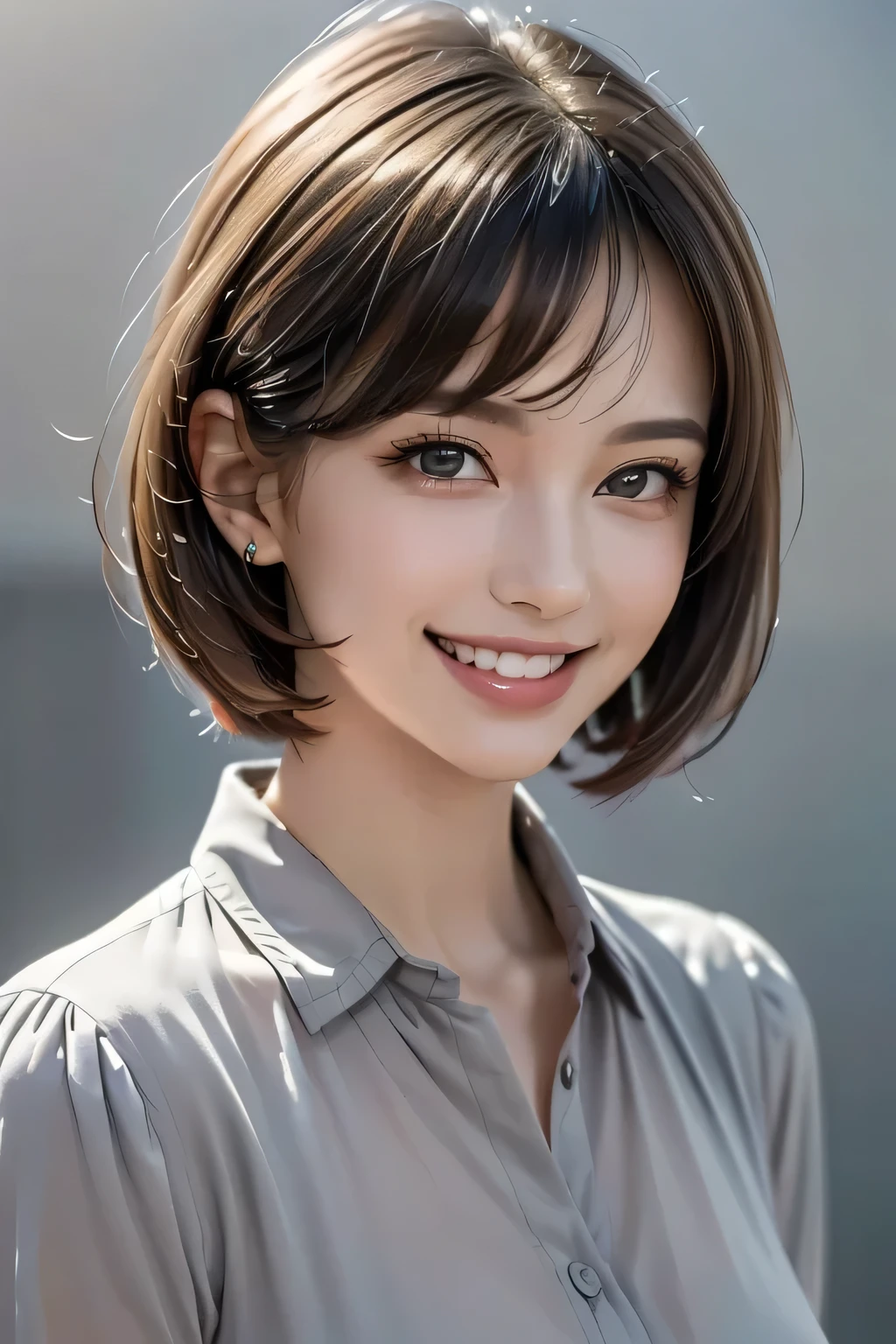 ((masterpiece)), (( top quality)), ((16k)), (( surreal)), (( realistic )), ( mature), ((No classes)), very detailed, ( 1 Woman ), Beautiful and exquisite, (Beautiful Teeth), Grin, brunette pixie cut, Brown Eyes , ((blouse)), ( upper body), ((background: black and white gray with nothing )), perfect eyes, Amazing Eyes, watching the audience