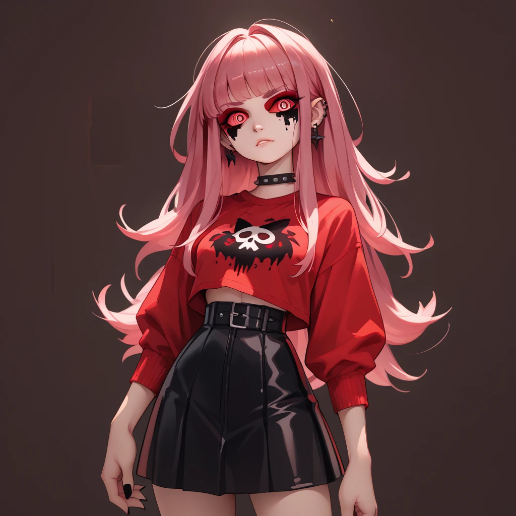 vivziepop art style of a female wolf with long pink hair and with glitch eyes slender body and with red shirt red gothic skirt the fur is dark brown background darkness