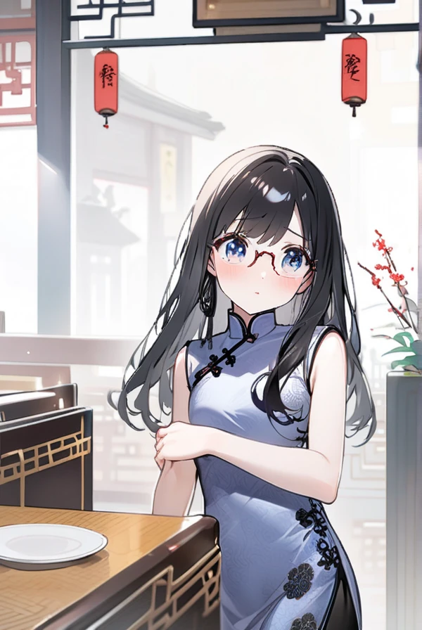 Black hair, long hair, glasses, beautiful eyes, cute, shy, Chinese dress, Chinese restaurant,