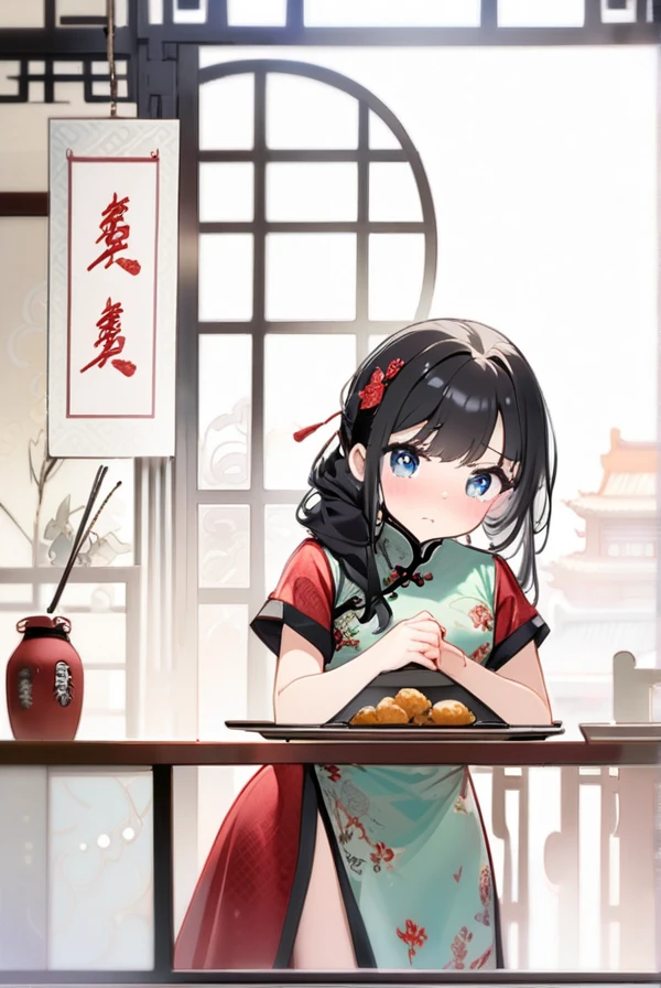 Black hair, long hair, glasses, beautiful eyes, cute, shy, Chinese dress, Chinese restaurant,