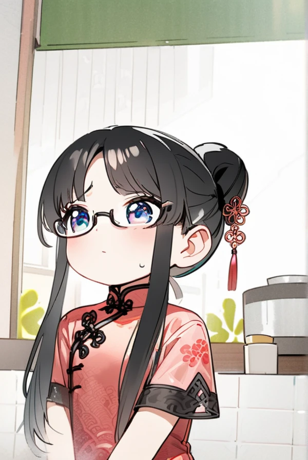 Black hair, long hair, glasses, beautiful eyes, cute, shy, Chinese dress, Chinese restaurant,