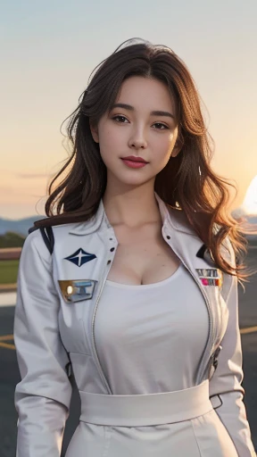 (Best quality, 8k, 32k, Masterpiece, UHD:1.2), (realistic:1.5), (masterpiece, best quality, highres:1.2), (ultra detailed, UHD:1.2), Photo of extremely cute and beautiful Korean woman, (chestnut long wavy hair:1.2), adult, (detailed beautiful girl:1.4), best quality, woman, adult, (white pilot captain jacket :1.3), (white high-waist pencil skirt:1.3), detailed clothes, embarrassed laughing:1, light smile, looking at viewer, facing the viewer, (( perfect female body)), (narrow waist:1.2), (upper body image:1.3), slender, abs, (large breasted:1.25), ((frame the head)), wind, dynamic pose, cinematic light, back light , perfect anatomy, perfect proportion, detailed human body, bokeh, depth of field,