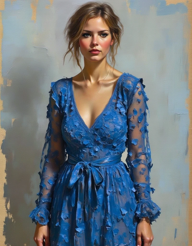 A dibrshstrk style painting, a woman wearing a blue dress