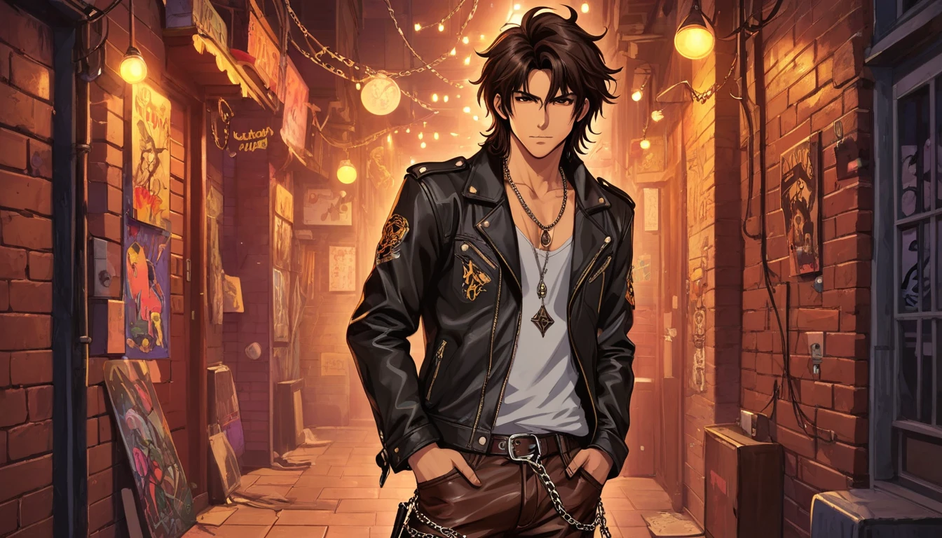 puntaje_9, puntaje_8_arriba, puntaje_8, 1 joven, male, solo, focus, neocruz, black medium hair, brown hair ,messy hair, brown eyes,fuente_animé,( Rocker style leather jacket and pants, with small chains in the pockets), con un fondo de (Discos de vinilo en una pared de ladrillo) ,(luces de neón), (collage estilizado), (LegendDarkFantasy,,memphisstyle-6750)