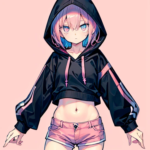 (  Masterpiece  ,  top quality:1.6), Alone, Thick outline, ( simple background , Light Pink Background,  black and white, Light pink theme :1.2),  Official Art,  KEY VISUAL , 8k,   disorganized  , whole body, (Unique Hair,  hoodie too big ,  hot pants,  Hooded , Arched back, Short torso:1.2), belly button, Thighs,  cowboy shooting,  high definition ,  sharp concentration,  high definition ,  most detailed,  very detailed,  super detailed, finely,  Detailed Eyes and Faces ,  sharp pupils, Realistic student, Alone,  pink and white contrast, Alone,  pocket