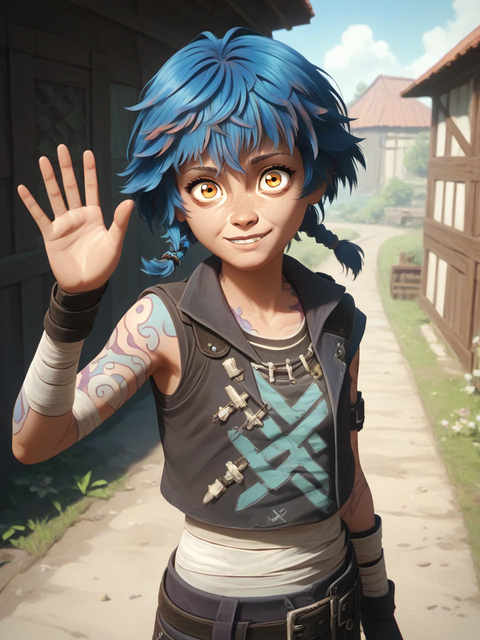 score_9, score_8_up, score_7_up, BREAK, Ish4, 1girl, solo, short hair, blue hair, braid, , freckles, orange eyes, bangs, pants, fingerless gloves, tattoo, bandages,  smile, upper body, raise left arm, day, outdoor, waving, looking at viewer,  sunlight, shadows, natural lighting   