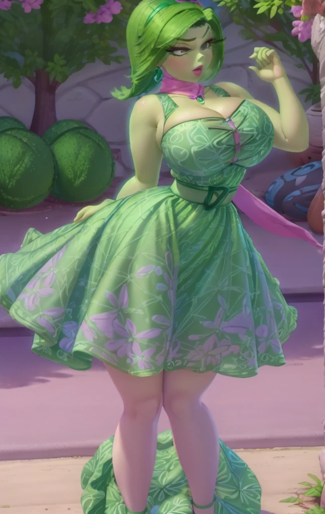 (best quality), (masterpiece), 1 girl, early 20's, huge heavy breasts, thick, thick lips, wide hips, thin waist, (Disgust_InsideOut, green hair, green skin, pink scarf, dark green dress, eyelashes, (disgust, )), pixar, cartoon, 3d render 