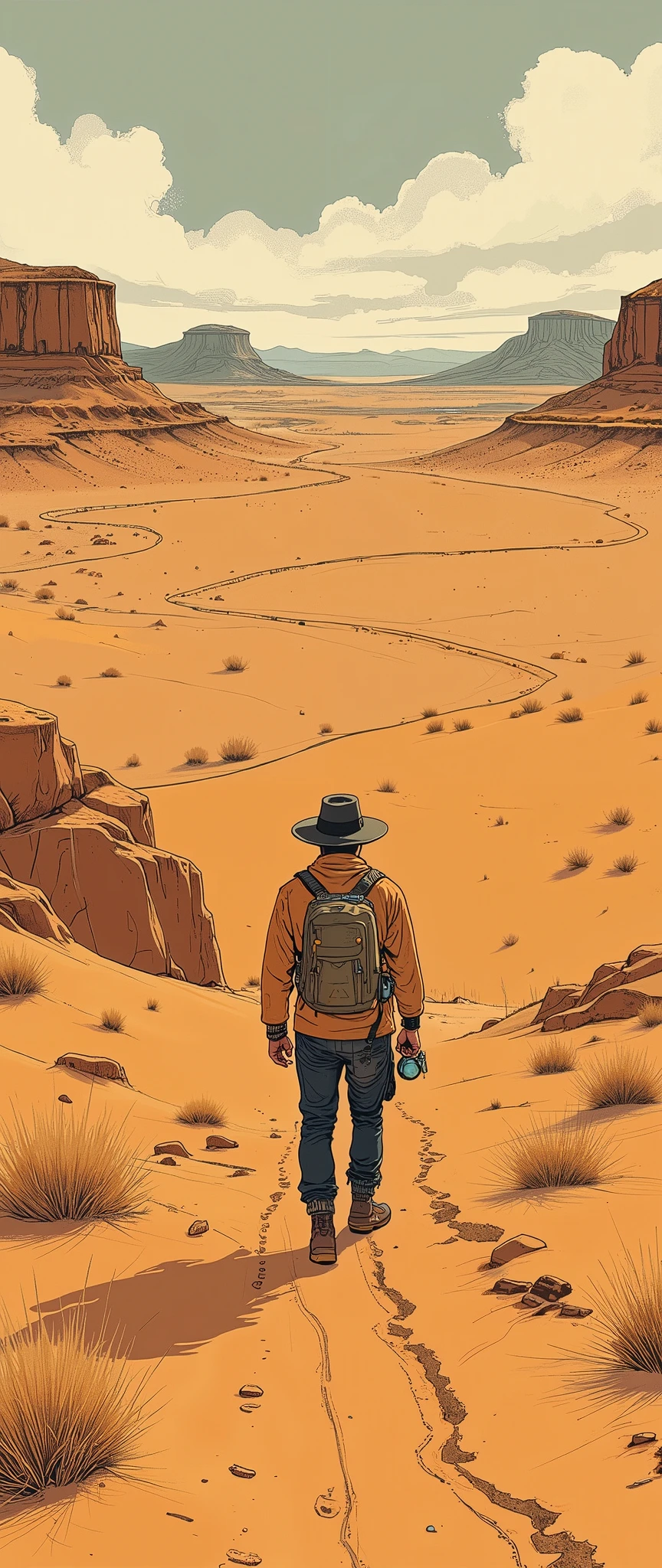 (  Masterpiece  :1.2,  top quality),( very detailed), Best Illustration ,8k,16k, wallpaper,(Lone traveler ),(A desert adventurer who travels alone through the desert:2.0),( back view:2.0),(Overlooking),(Endless Desert:2.0),(Spectacular landscapes:2.0),(footprints:2.0)