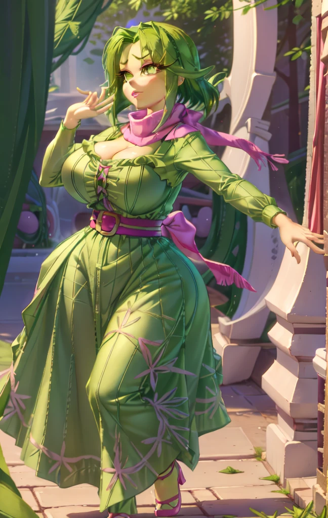 (best quality), (masterpiece), 1 girl, early 20's, huge heavy breasts, thick, thick lips, wide hips, thin waist, (Disgust_InsideOut, green hair, green skin, pink scarf, dark green dress, eyelashes, (disgust, )), pixar, cartoon, 3d render 