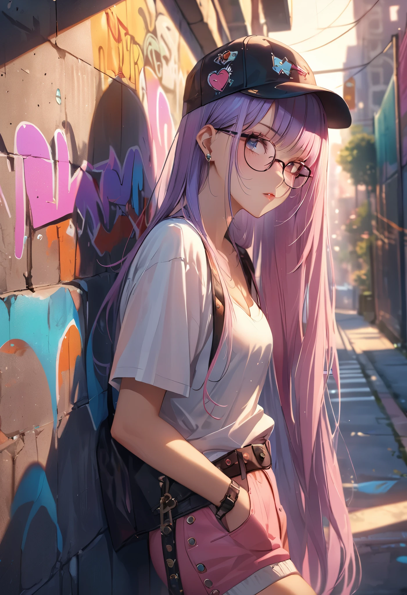  Beautiful,  girl ,  sexy,  long hair, glasses, cap,  Xhosu ha on face , punk,  Perfect anatomy , ( best quality),  complex textures ,  City Streets ,  Lots of Details , couple, Shadow Effect , beautiful colors,  Graffiti on Concrete Fences, 8 k, masterpiece,  complex details ,