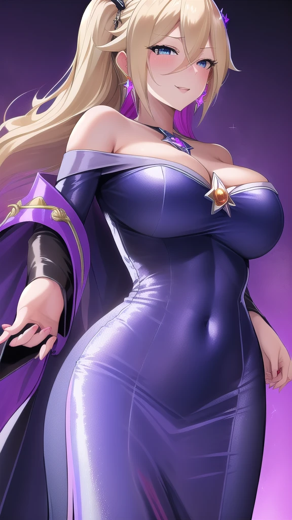   Erotic 、Rosalina、 blonde twin tail voluminous、Big Breasts, Alone,light blue sequin long dress, Purple Wicked Background 、  top quality,  detailed face ,  detailed eyes on board,  high definition ,、 Evil Evil Female Executive、Glare、smile、Contempt、Disgust、 dye your cheeks red、Cold look、 Sexy Poses 、Fallen into evil、Fall into Darkness、Dark Side、lure、Estrus、Open your mouth slightly、adult、Married Woman