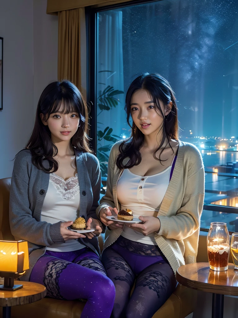 Two Women .(Nightsky).window (8k) Inside room. Autumn. Neon.glowing  .(Lace) .  shirt  . Purple leggings . Sit sofa. Table(( eat desert)). Cardigan. Happiness