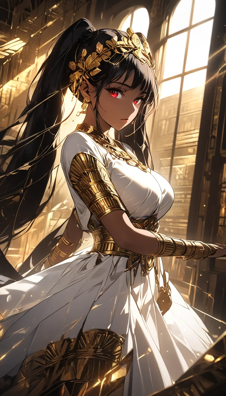 detailed ancient egyptian woman, ornate gold headdress, intricate gold jewelry, flowing sheer white dress, sun rays streaming through window, warm lighting, 1woman, cinematic lighting, volumetric lighting, high contrast, rich colors, digital art, masterpiece, octane render, 8k, sharp focus,dynamic pose, big breasts, muted colors, skin pores, score_9, score_8_up, score_7_up, (sfw), (cowboy shot, dutch angle:1.2), 1girl, solo, mature female, thigh strap, hutao, long hair, bangs, brown hair, red eyes, hair between eyes, twintails, sidelocks, symbol-shaped pupils, (negative_v2 Color_Balance_Calibration:0.8), unaestheticXL_cbp62 , negativeXL_D, whole body
