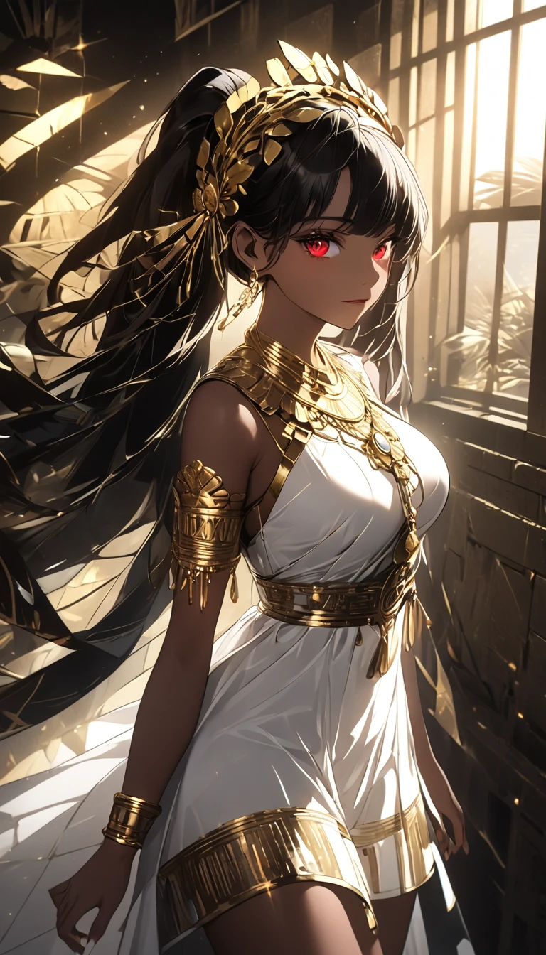 detailed ancient egyptian woman, ornate gold headdress, intricate gold jewelry, flowing sheer white dress, sun rays streaming through window, warm lighting, 1woman, cinematic lighting, volumetric lighting, high contrast, rich colors, digital art, masterpiece, octane render, 8k, sharp focus,dynamic pose, big breasts, muted colors, skin pores, score_9, score_8_up, score_7_up, (sfw), (cowboy shot, dutch angle:1.2), 1girl, solo, mature female, thigh strap, hutao, long hair, bangs, brown hair, red eyes, hair between eyes, twintails, sidelocks, symbol-shaped pupils, (negative_v2 Color_Balance_Calibration:0.8), unaestheticXL_cbp62 , negativeXL_D, whole body
