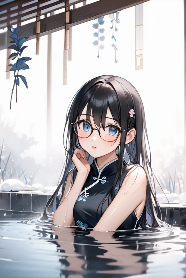 Black hair, long hair, glasses, beautiful eyes, cute, Chinese dress, soaking wet, shivering from the cold