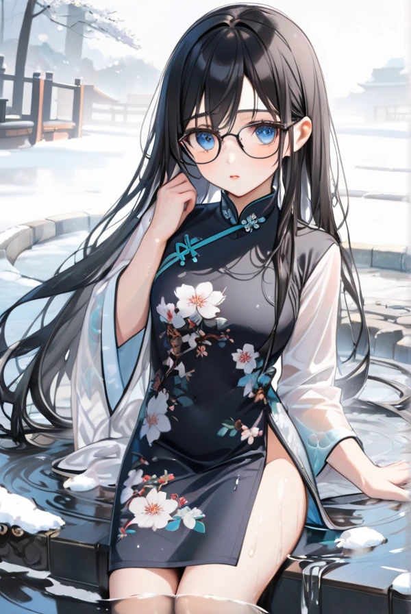 Black hair, long hair, glasses, beautiful eyes, cute, Chinese dress, soaking wet, shivering from the cold