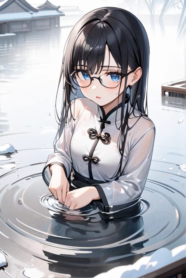 Black hair, long hair, glasses, beautiful eyes, cute, Chinese dress, soaking wet, shivering from the cold