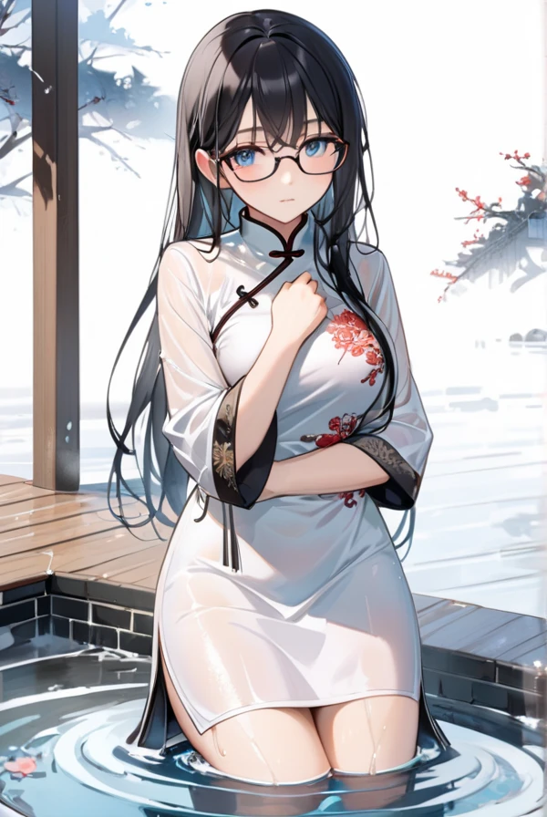 Black hair, long hair, glasses, beautiful eyes, cute, Chinese dress, soaking wet, shivering from the cold