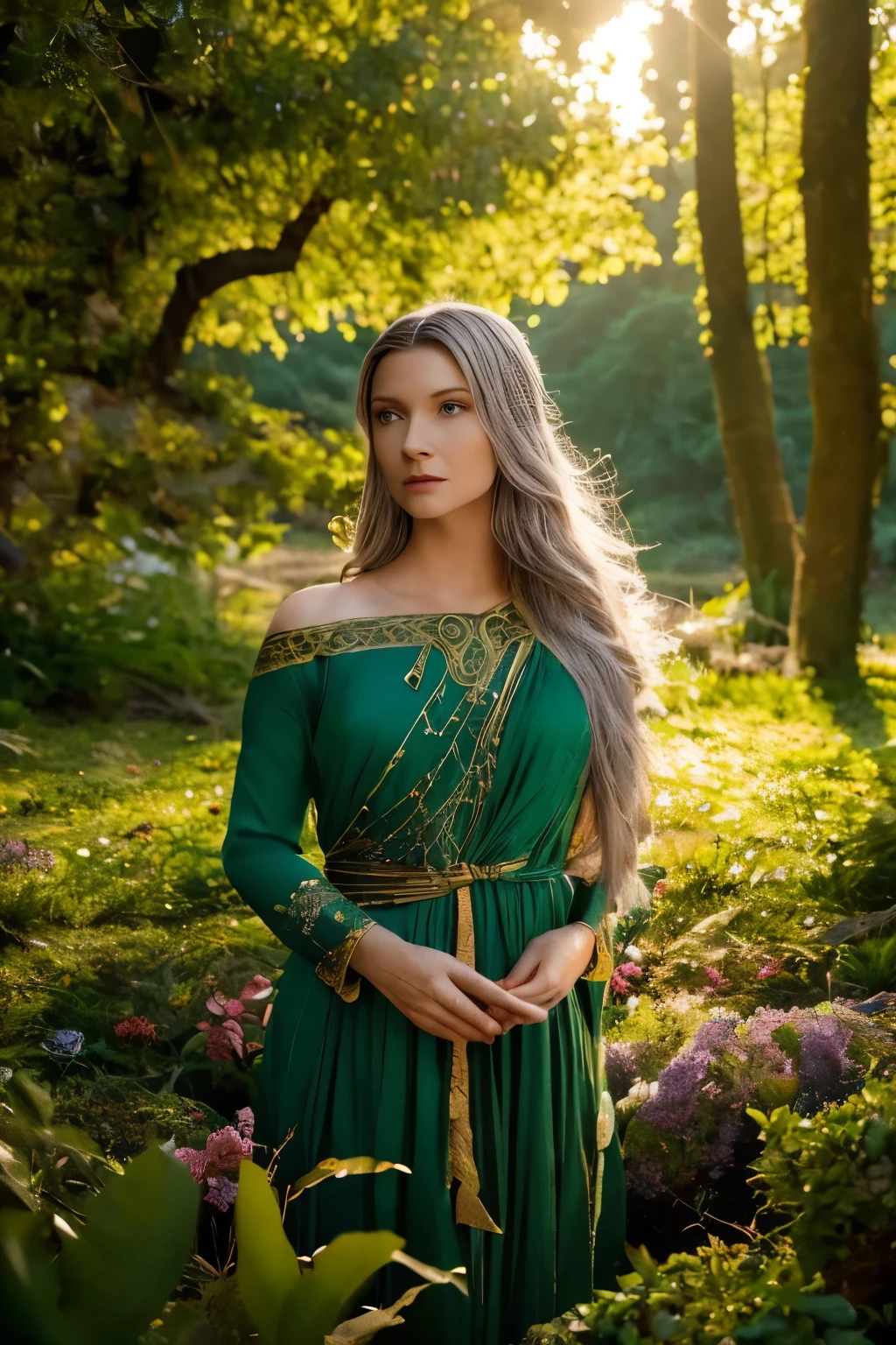 Galadriel, a radiant elven queen, standing gracefully in a magical elven forest bathed in soft, ethereal light. She is wearing a flowing green dress adorned with intricate golden embroidery, reminiscent of delicate vines and leaves, perfectly complementing the lush surroundings. Her long, silvery hair cascades over her shoulders, glowing softly in the dappled sunlight filtering through ancient, towering trees. The forest is alive with magical energy, featuring bioluminescent flowers, sparkling streams, and faint, glowing particles floating in the air. Her expression is serene and wise, her piercing eyes reflecting the timeless beauty and wisdom of the elves. The scene is infused with an otherworldly atmosphere, with fine details in the textures of her dress, the bark of the trees, and the vibrant flora. Photorealistic rendering, ultra-high-definition, with dramatic, yet soft lighting highlighting her elegance and the magical ambiance of the forest.