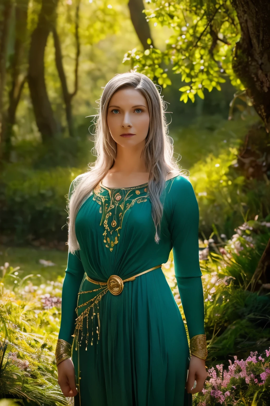 Galadriel, a radiant elven queen, standing gracefully in a magical elven forest bathed in soft, ethereal light. She is wearing a flowing green dress adorned with intricate golden embroidery, reminiscent of delicate vines and leaves, perfectly complementing the lush surroundings. Her long, silvery hair cascades over her shoulders, glowing softly in the dappled sunlight filtering through ancient, towering trees. The forest is alive with magical energy, featuring bioluminescent flowers, sparkling streams, and faint, glowing particles floating in the air. Her expression is serene and wise, her piercing eyes reflecting the timeless beauty and wisdom of the elves. The scene is infused with an otherworldly atmosphere, with fine details in the textures of her dress, the bark of the trees, and the vibrant flora. Photorealistic rendering, ultra-high-definition, with dramatic, yet soft lighting highlighting her elegance and the magical ambiance of the forest.