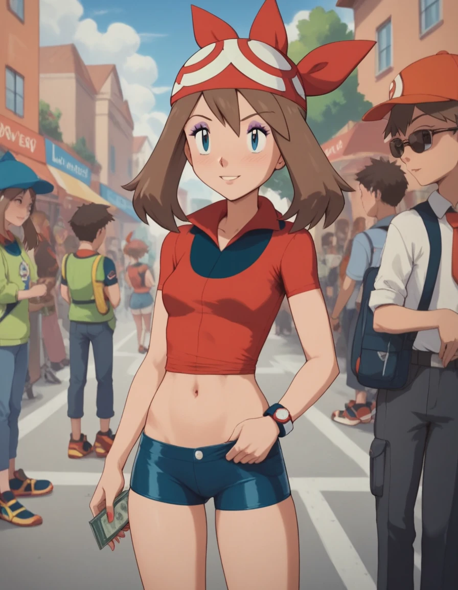 ((sexy girl ,young)) ,nsfw, glamorous, slender, may, pokemon trainer, young girl, prostitute, slutty, prostitute outfit, makeup, eyeshadow, city,