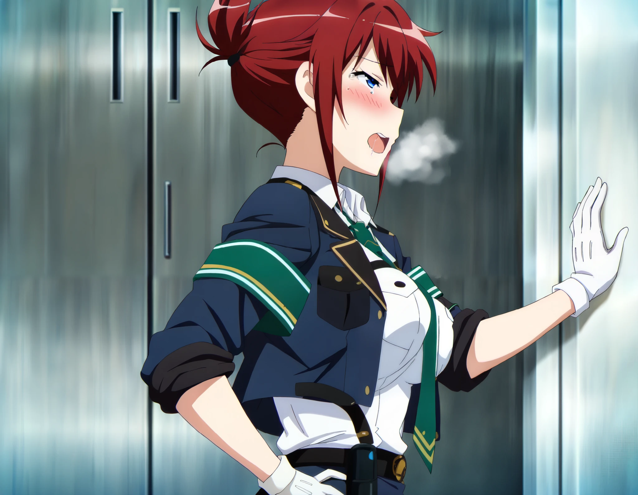 anime screenshot, rail wars!, sakurai aoi, 1girl, solo, red hair, folded ponytail, blue eyes, medium breasts, police uniform, blue jacket, open jacket, white shirt, collared shirt, sleeves rolled up, green necktie, armband, green armband, blue skirt, pencil skirt, black belt, white gloves, holster,hand on own hip, indoors,masterpiece, best quality, high quality, highres, absurdres,amazing quality, excellent,(2d cel anime,anime screencap,high collar:1.15763), (half-closed eyes,full screen, indoors:0.9), blush,(ahegao,torogao:0.9),heavy breathing,standing, realistic,(upper body, from side,portrait:1.3),