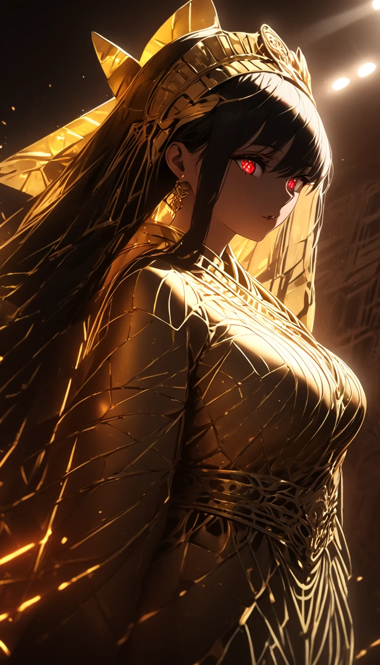 detailed ancient egyptian woman, ornate gold headdress, intricate gold jewelry, flowing sheer white dress, sun rays streaming through window, warm lighting, 1woman, cinematic lighting, volumetric lighting, high contrast, rich colors, digital art, masterpiece, octane render, 8k, sharp focus,dynamic pose, big breasts, muted colors, skin pores, score_9, score_8_up, score_7_up, (sfw), (cowboy shot, dutch angle:1.2), 1girl, solo, mature female, thigh strap, hutao, long hair, bangs, brown hair, red eyes, hair between eyes, twintails, sidelocks, symbol-shaped pupils, (negative_v2 Color_Balance_Calibration:0.8), unaestheticXL_cbp62 , negativeXL_D, whole body
