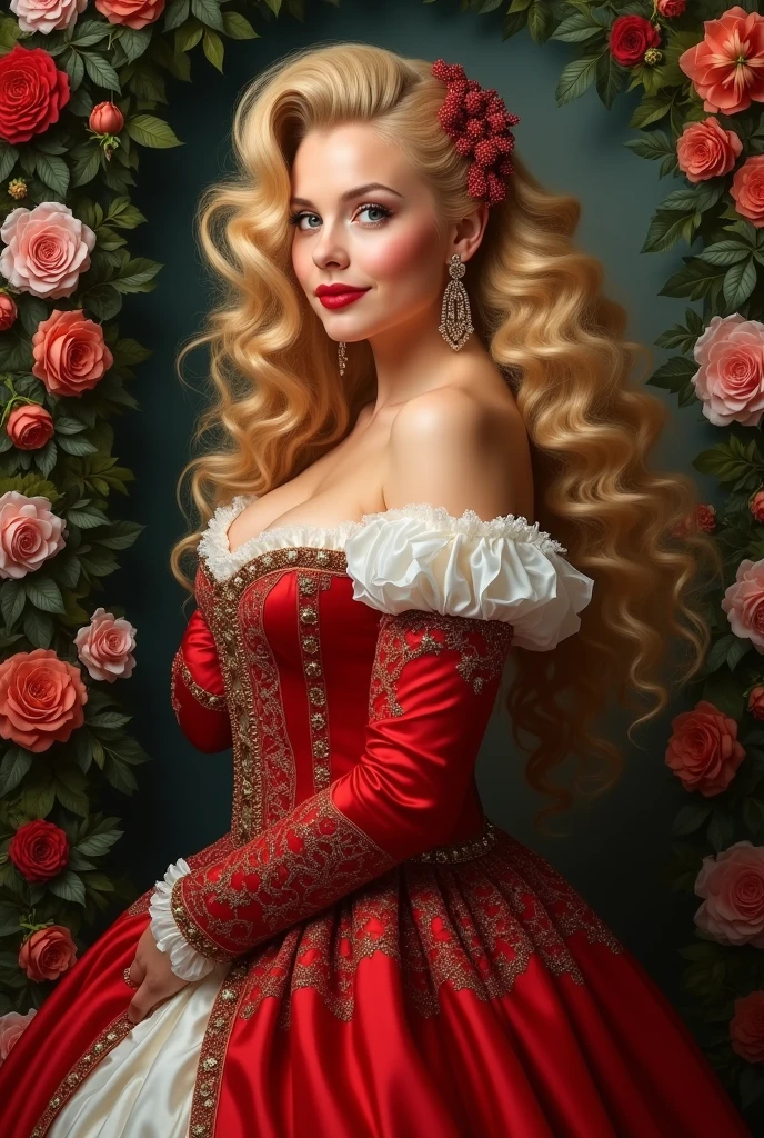 A goddess-like model graces the frame in a mesmerizing midshot, her hyper-realistic face adorned with an alluring expression. Her vivid red dress, a stunning work of art, flows beautifully around her, crafted entirely from intricately detailed red sea urchins and anemone tentacles. The dress hugs her curvaceous figure, accentuating her hourglass physique and mid-length, blonde curly locks that cascade down to her waist. The highly detailed portrait photography captures every exquisite detail, with a shallow depth of field that emphasizes her goddess-like presence. The captivating image is captured in a 4:3 aspect ratio