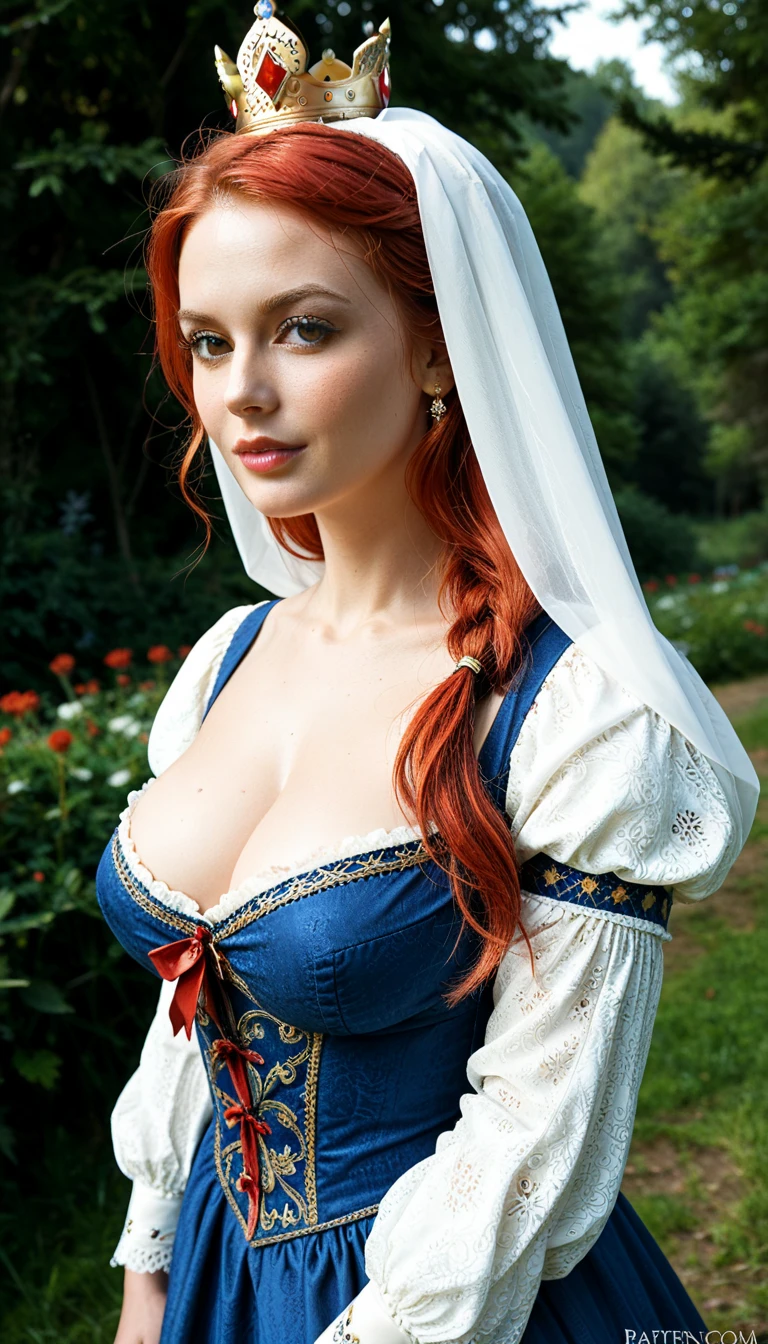 A queen, crown on her head, natural red hair, large breasts, luxurious clothing, medieval style 