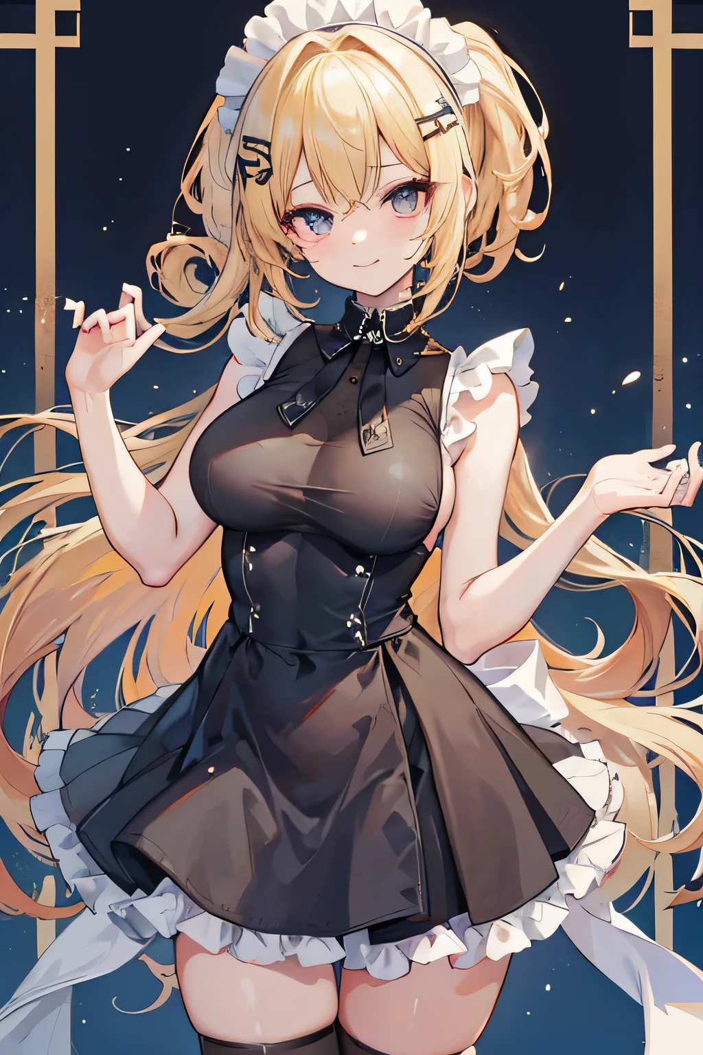 ((                top quality)), ((      Masterpiece     )), (                 Details),    Slender woman  ,  gal、 ((( Big Breasts、 blonde alone         、     ponytail   、Curly hair、Brown Skin、    sunburned skin、          slender girl posing       、              abs、Maid、Black Maid outfit、             sleeveless、            apron dress          、                   black miniskirt   、               black stockings        、              white apron dress  、  Pose happily 、あっかんべーしている、Put out the bottom、smile  )))、  Large hair ornament、#woman、transparent            BODY STOCKING          
see-through,           BODY STOCKING          