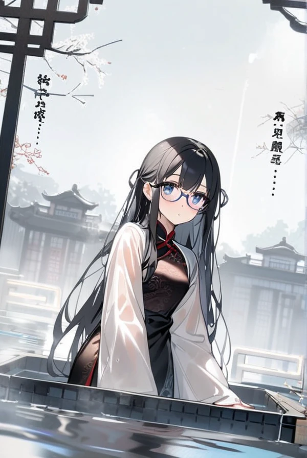 Black hair, long hair, glasses, beautiful eyes, cute, Chinese dress, soaking wet, shivering from the cold