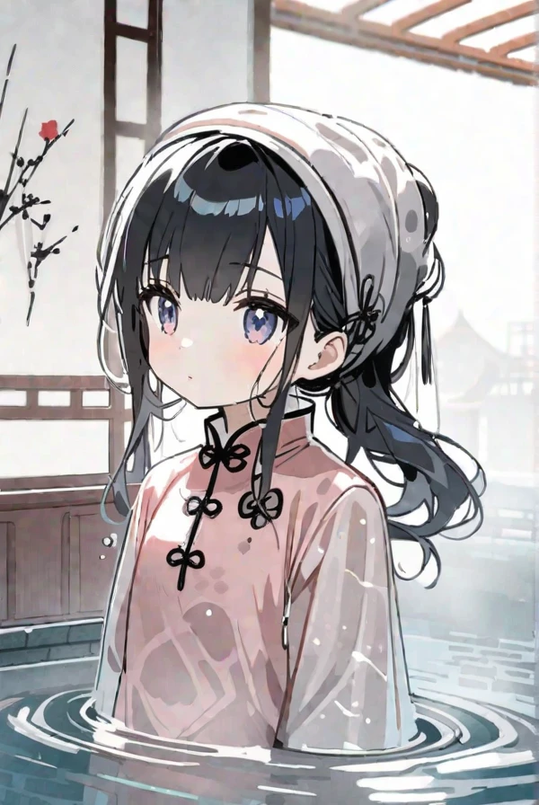 Black hair, long hair, glasses, beautiful eyes, cute, Chinese dress, soaking wet, shivering from the cold