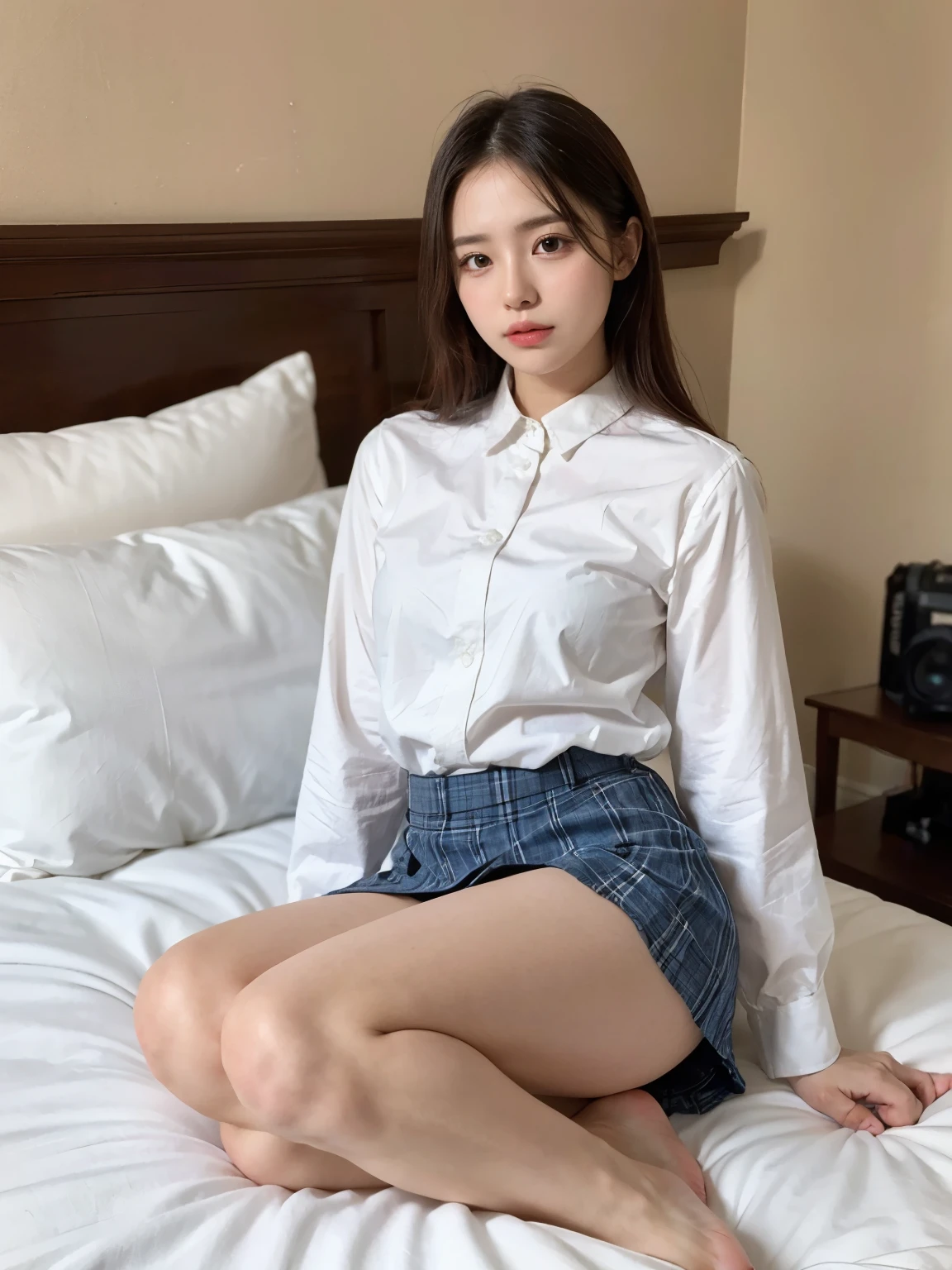 absurdres, RAW photo, extremely delicate and beautiful, masterpiece, Best Quality, ultra high resolution, 32k, hyperrealistic, ultra-detailed, perfect anatomy, perfect figure, super Detailed skin, 20 years old, very Slim body, narrow waist, very small head, very small face, delicate facial features, tearful mole, earring, thin legs, bare legs, (((very huge round breasts))), short medium hair, ((wavy hair)), (((full body shot))), (((school uniform))), (dress shirt),